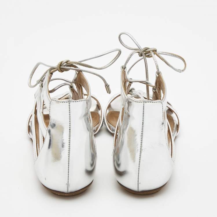 Pre Owned Aquazzura Silver Leather Strappy Flat Sandals Size 36