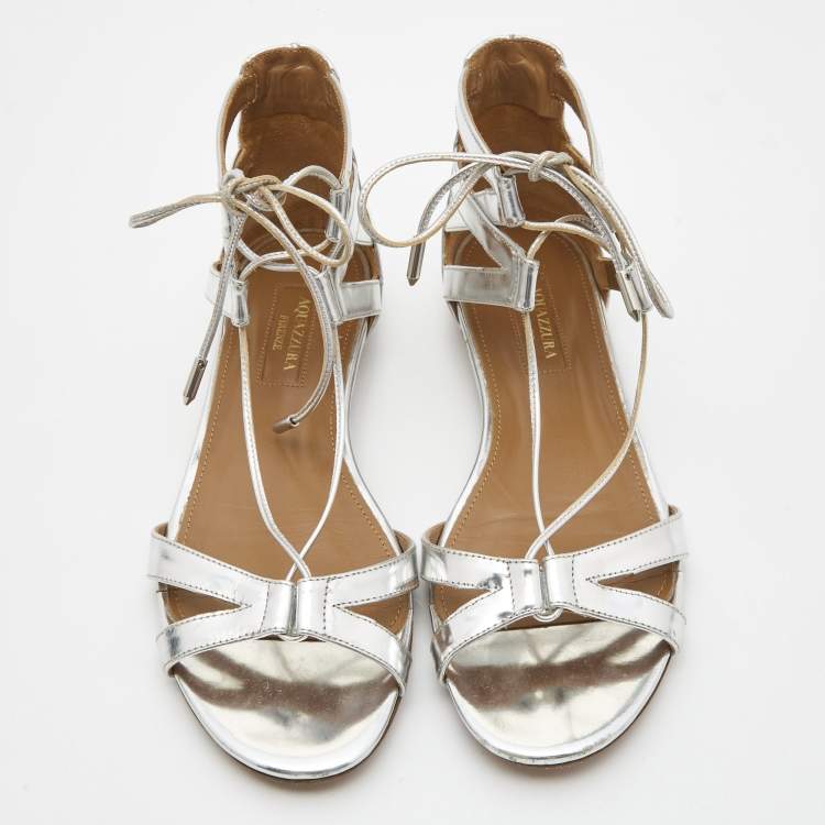 Pre Owned Aquazzura Silver Leather Strappy Flat Sandals Size 36