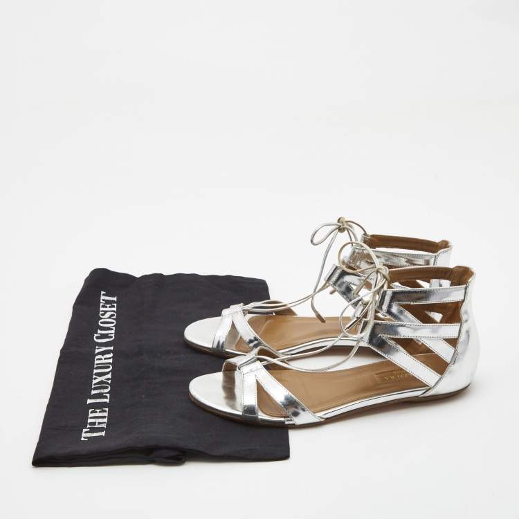 Pre Owned Aquazzura Silver Leather Strappy Flat Sandals Size 36