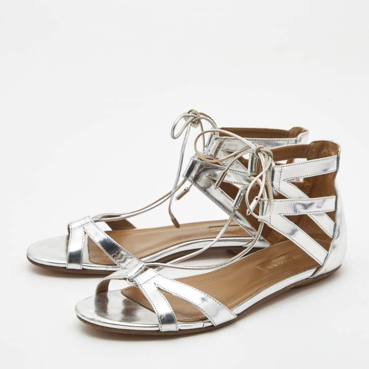 Pre Owned Aquazzura Silver Leather Strappy Flat Sandals Size 36