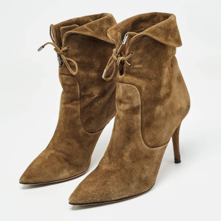 Pre Owned Aquazzura Brown Olive Green Suede Tribeca Ankle Boots Size 36
