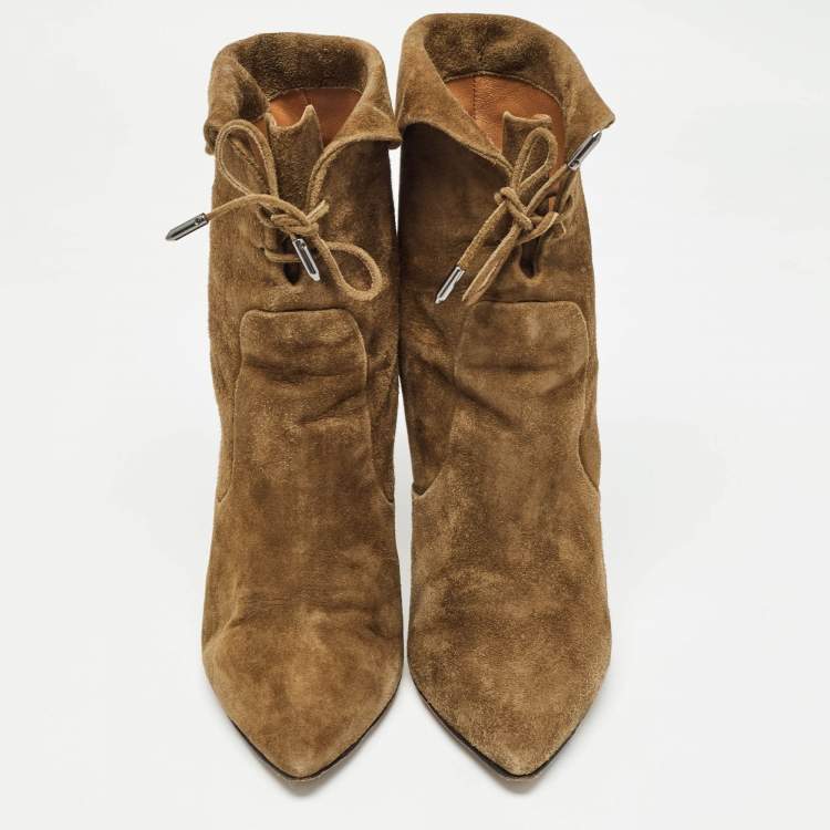 Pre Owned Aquazzura Brown Olive Green Suede Tribeca Ankle Boots Size 36
