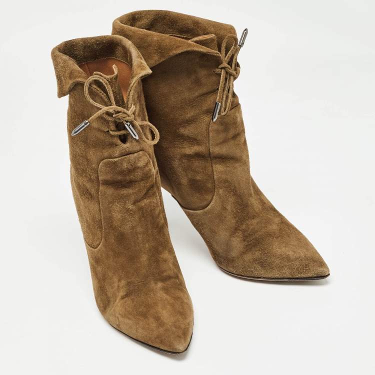 Pre Owned Aquazzura Brown Olive Green Suede Tribeca Ankle Boots Size 36