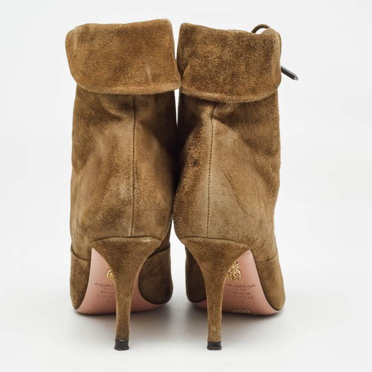 Pre Owned Aquazzura Brown Olive Green Suede Tribeca Ankle Boots Size 36