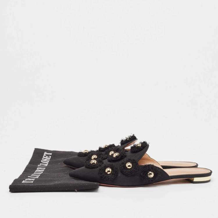 Pre Owned Aquazzura Black Canvas Sunflower Mules Size 36 