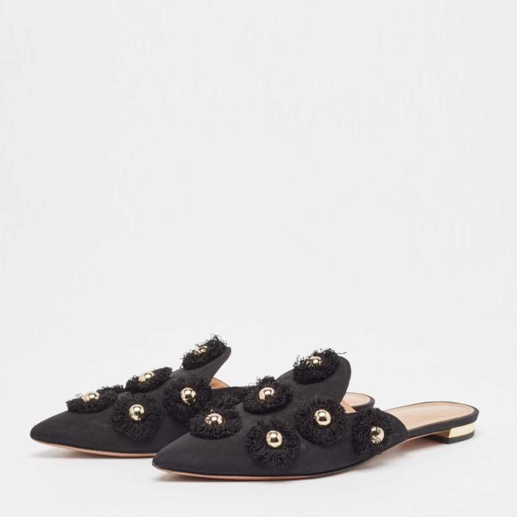 Pre Owned Aquazzura Black Canvas Sunflower Mules Size 36 