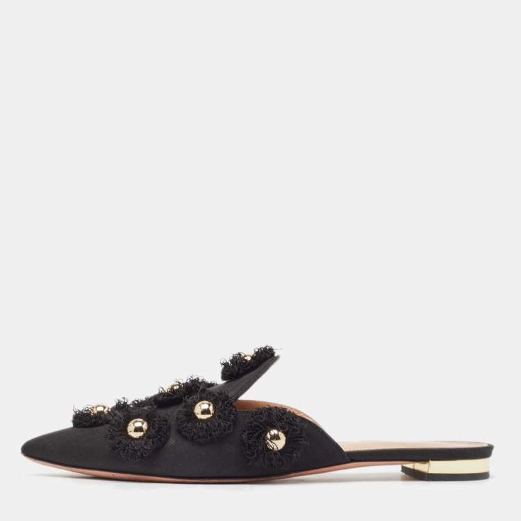 Pre Owned Aquazzura Black Canvas Sunflower Mules Size 36 
