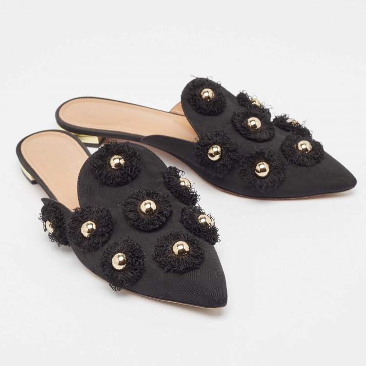 Pre Owned Aquazzura Black Canvas Sunflower Mules Size 36 