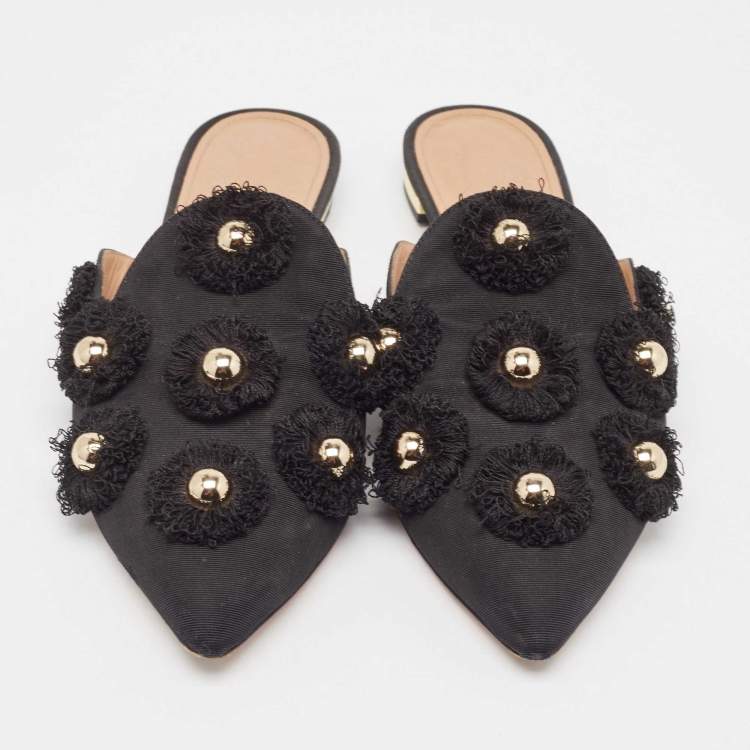Pre Owned Aquazzura Black Canvas Sunflower Mules Size 36 