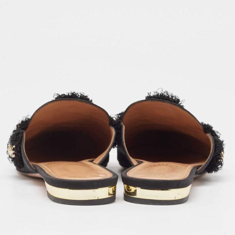 Pre Owned Aquazzura Black Canvas Sunflower Mules Size 36 