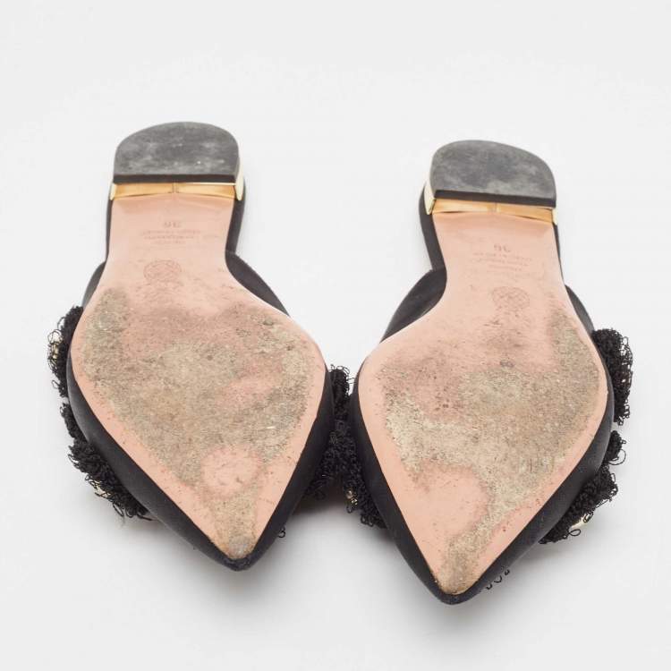 Pre Owned Aquazzura Black Canvas Sunflower Mules Size 36 