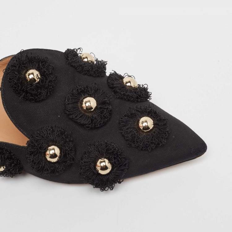 Pre Owned Aquazzura Black Canvas Sunflower Mules Size 36 