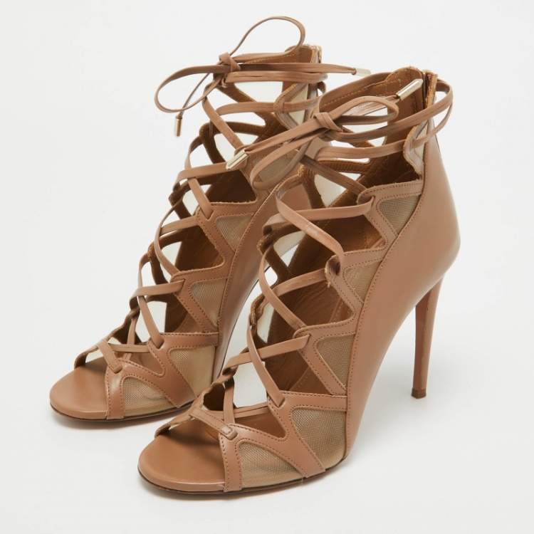مملوكة مسبقًا Aquazzura Beige Mesh Cut Out Lace Up  Sandals Size 38
