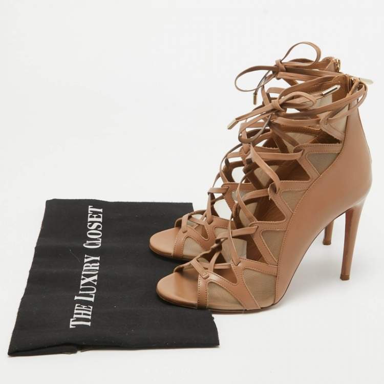 مملوكة مسبقًا Aquazzura Beige Mesh Cut Out Lace Up  Sandals Size 38