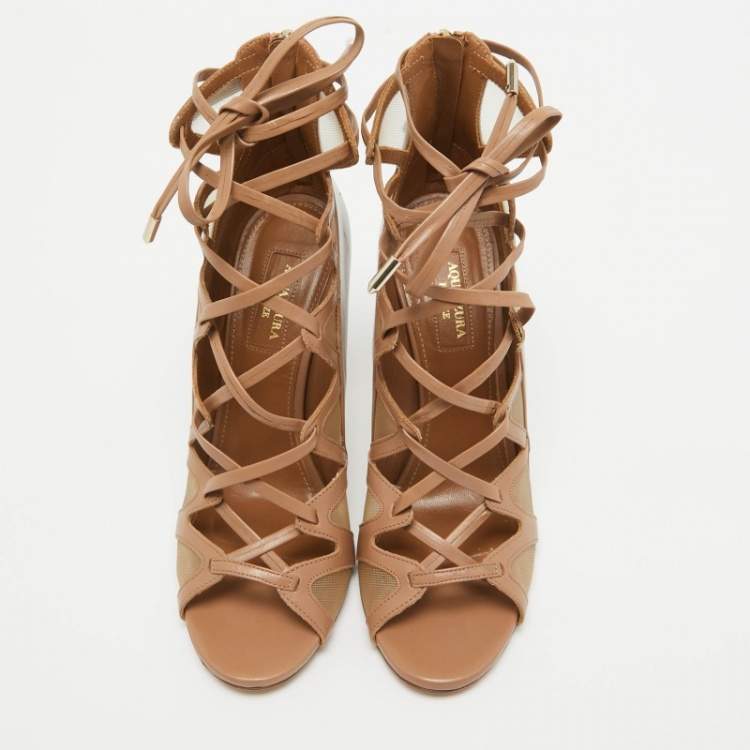 مملوكة مسبقًا Aquazzura Beige Mesh Cut Out Lace Up  Sandals Size 38