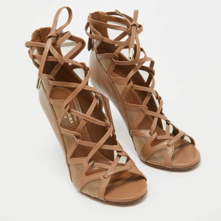 مملوكة مسبقًا Aquazzura Beige Mesh Cut Out Lace Up  Sandals Size 38