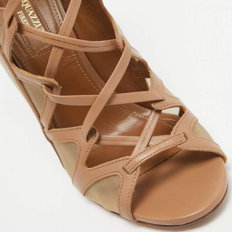 مملوكة مسبقًا Aquazzura Beige Mesh Cut Out Lace Up  Sandals Size 38