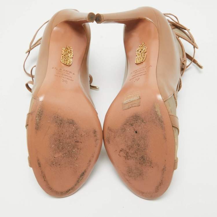 مملوكة مسبقًا Aquazzura Beige Mesh Cut Out Lace Up  Sandals Size 38