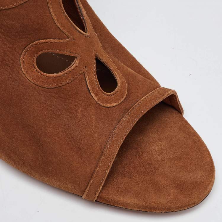 Pre Owned Aquazzura Brown Suede Cut Out Tassel Detail Ankle Wrap Sandals Size 39