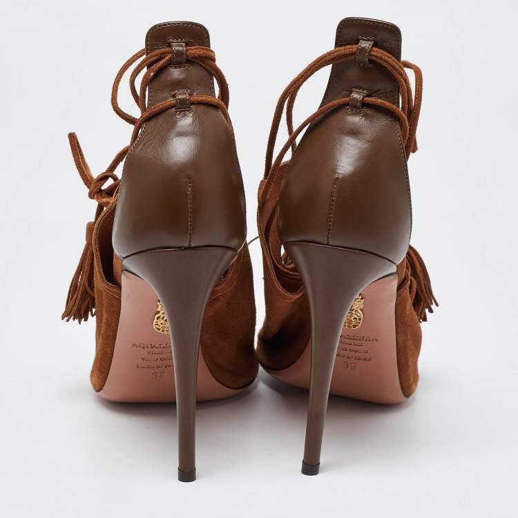 Pre Owned Aquazzura Brown Suede Cut Out Tassel Detail Ankle Wrap Sandals Size 39