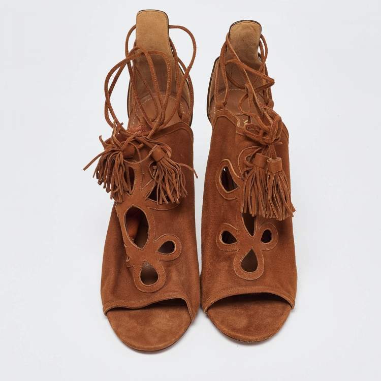 Pre Owned Aquazzura Brown Suede Cut Out Tassel Detail Ankle Wrap Sandals Size 39