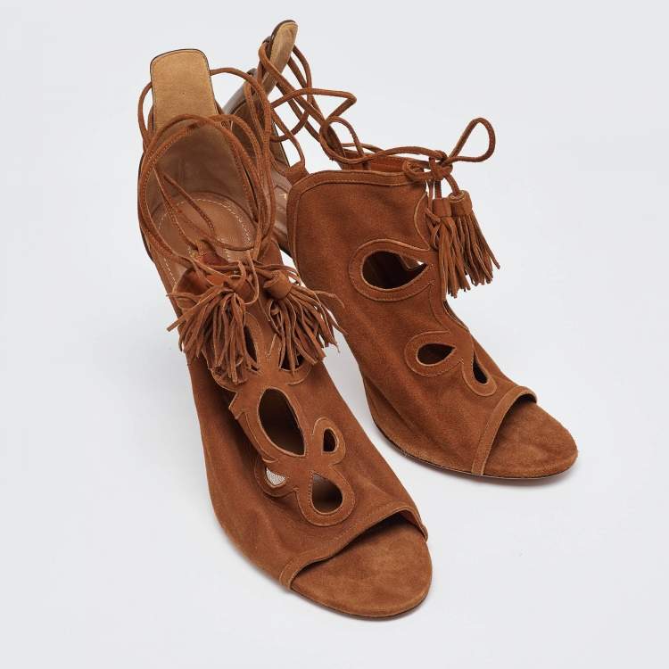 Pre Owned Aquazzura Brown Suede Cut Out Tassel Detail Ankle Wrap Sandals Size 39