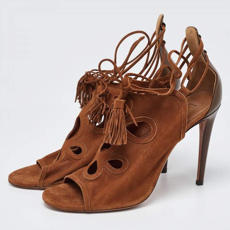 Pre Owned Aquazzura Brown Suede Cut Out Tassel Detail Ankle Wrap Sandals Size 39