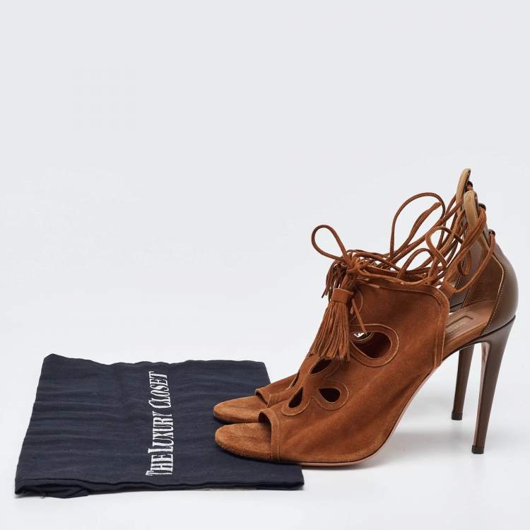 Pre Owned Aquazzura Brown Suede Cut Out Tassel Detail Ankle Wrap Sandals Size 39