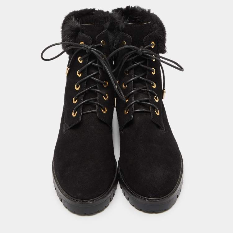 Pre Owned Aquazzura Black Suede and Fur Ankle Boots Size 40