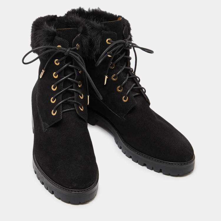 Pre Owned Aquazzura Black Suede and Fur Ankle Boots Size 40