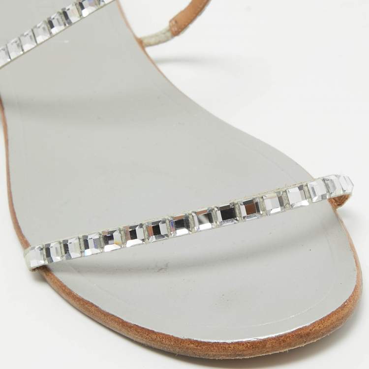 Pre Owned Aquazzura Sliver Crystal Embellished Leather Strappy Flats Size 41