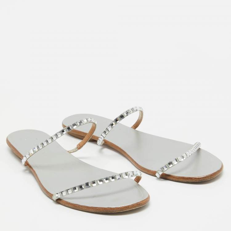Pre Owned Aquazzura Sliver Crystal Embellished Leather Strappy Flats Size 41