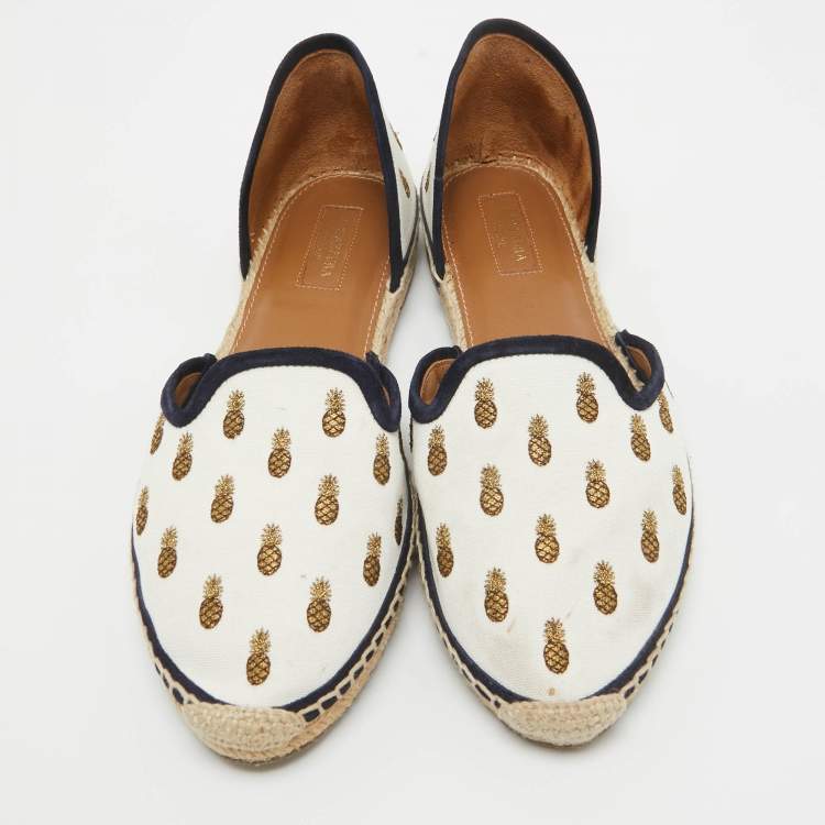 Pre Owned Aquazzura White Canvas Embroidered Pineapple Espadrille Flats Size 41