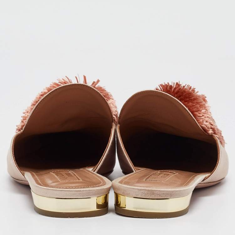 Pre Owned Aquazzura Pink Satin Pom-Pom Embellishments Pointed Toe Flat Mules Size 41