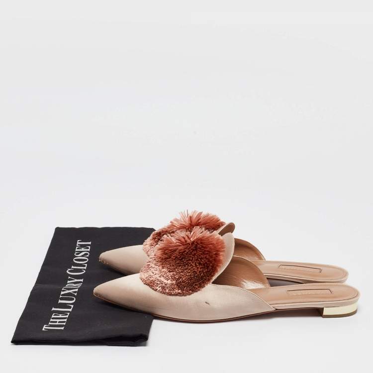 Pre Owned Aquazzura Pink Satin Pom-Pom Embellishments Pointed Toe Flat Mules Size 41