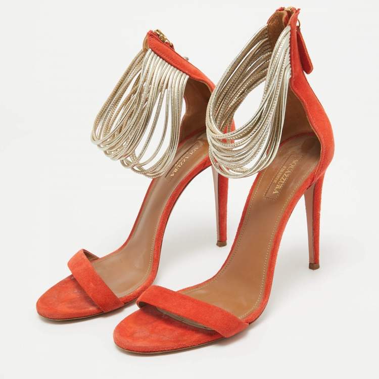 مملوكة مسبقًا Aquazzura Orange Suede and Leather Ankle Strap Sandals Size 38.5