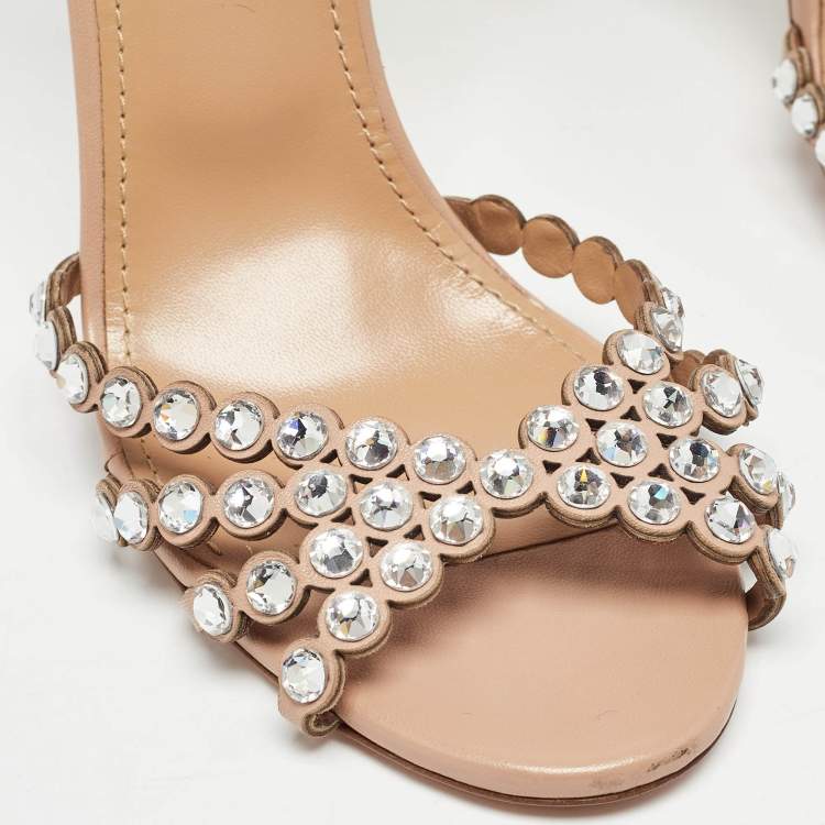 Pre Owned Aquazzura Beige Leather Crystal Embellished Ankle Strap Sandals Size 39
