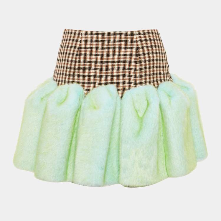 Pre Owned AREA Brown/Green aux Fur Trim Wool Godet Mini Skirt S