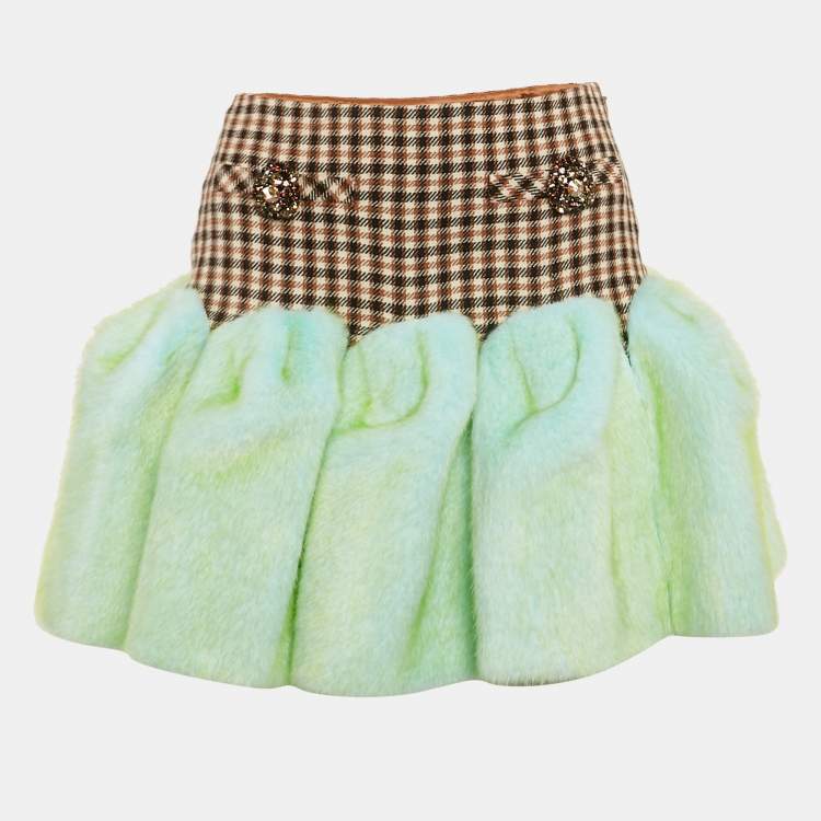Pre Owned AREA Brown/Green aux Fur Trim Wool Godet Mini Skirt S