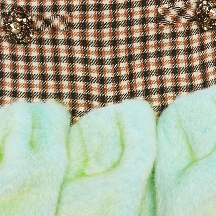 Pre Owned AREA Brown/Green aux Fur Trim Wool Godet Mini Skirt S