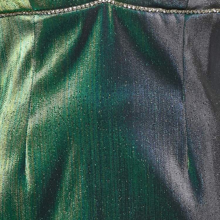 Pre Owned AREA  Metallic Green Lamé Crystal Embellished Strappy Mini Dress L