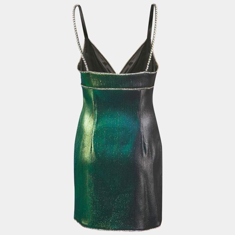 Pre Owned AREA  Metallic Green Lamé Crystal Embellished Strappy Mini Dress L