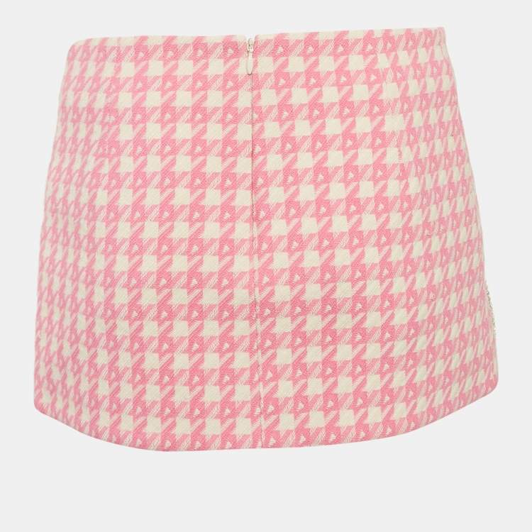 Pre Owned AREA Pink Houndstooth Crystal Embellish Bow Detail Mini Skirt S