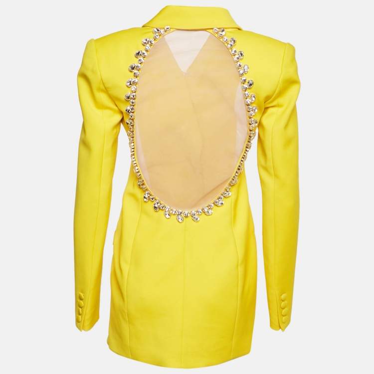 Pre Owned AREA Yellow Wool Crystal Back Open Back Mini Blazer Dress XS/S