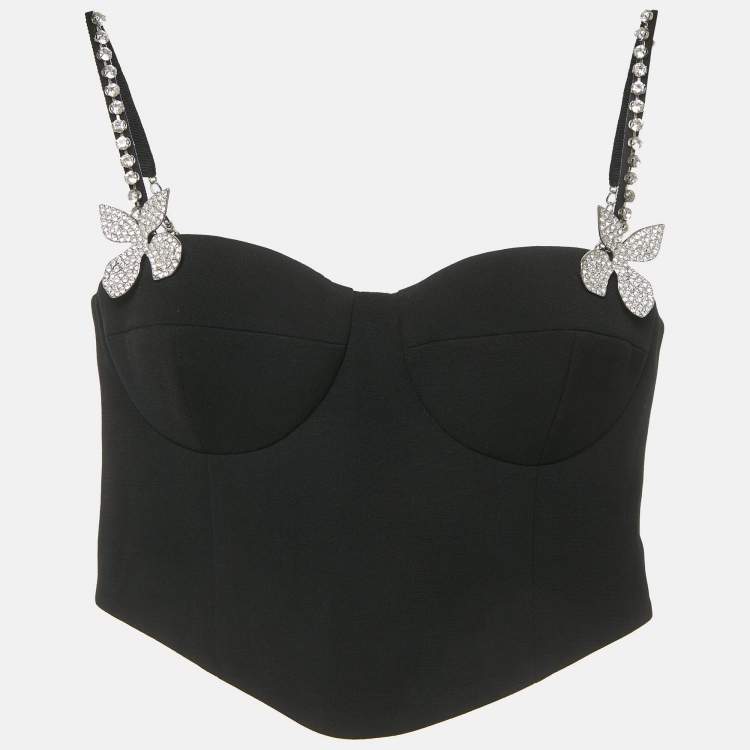 مملوكة مسبقًا Area Black Crystal Embellished Wool Bustier Crop Top S 