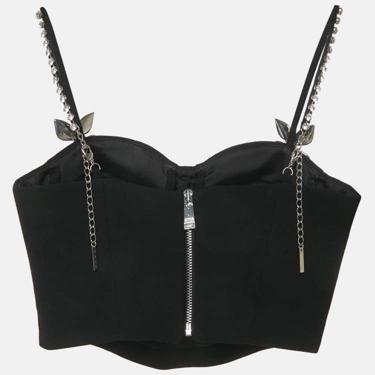 مملوكة مسبقًا Area Black Crystal Embellished Wool Bustier Crop Top S 