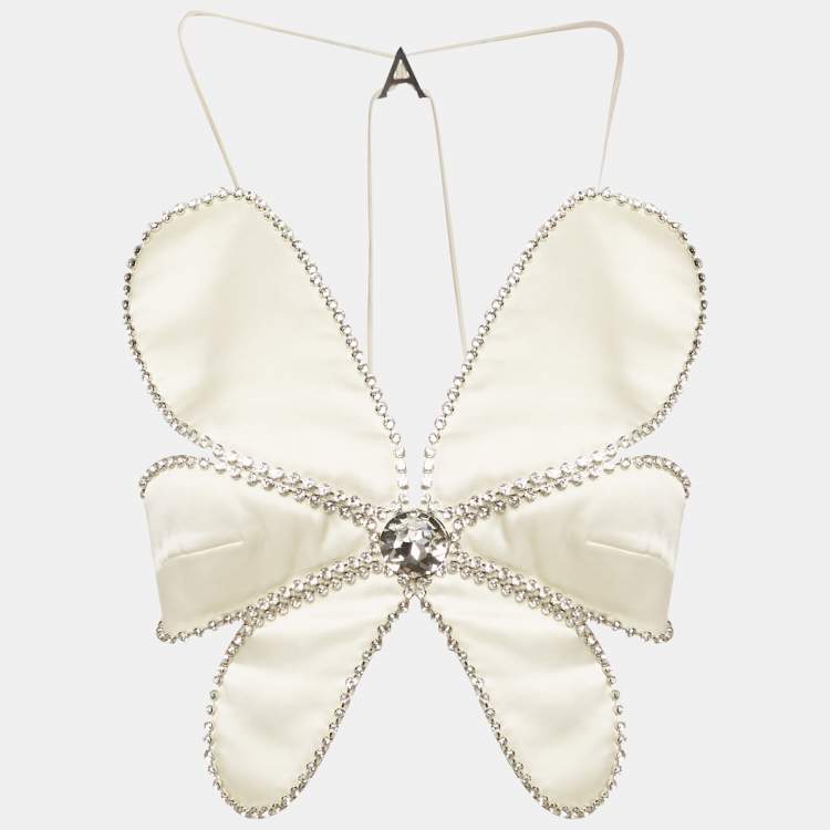 Pre Owned Area Cream Silk Blend Crystal Embellished Crop Top XS