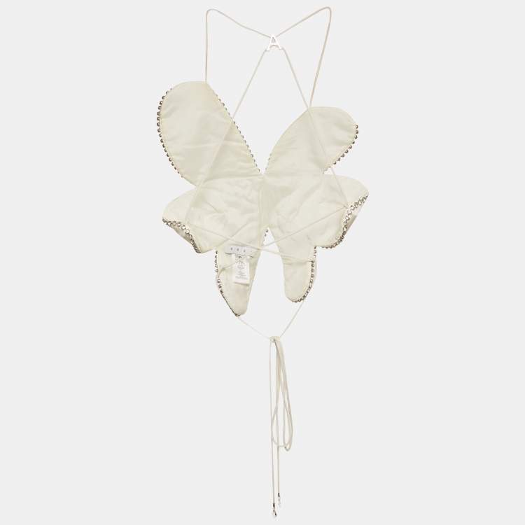 Pre Owned Area Cream Silk Blend Crystal Embellished Crop Top XS