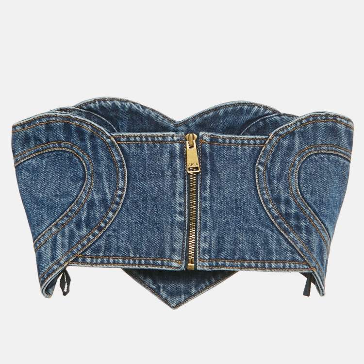 Pre Owned Area Blue Heart Motif Patchwork Denim Bandeau Top XS