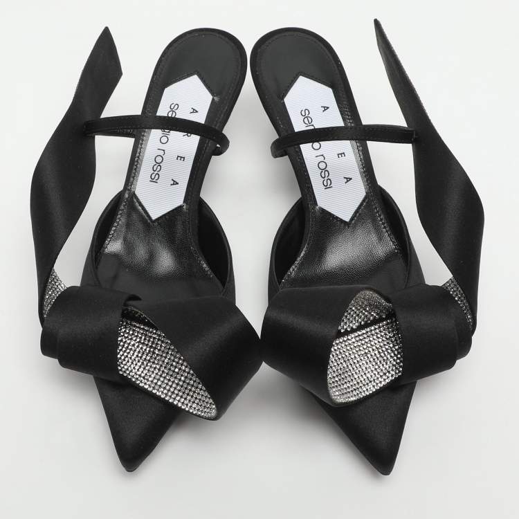 مملوكة مسبقًا Area x Sergio Rossi Marquise Size 36 Black Satin Crystal Embellished Mules
